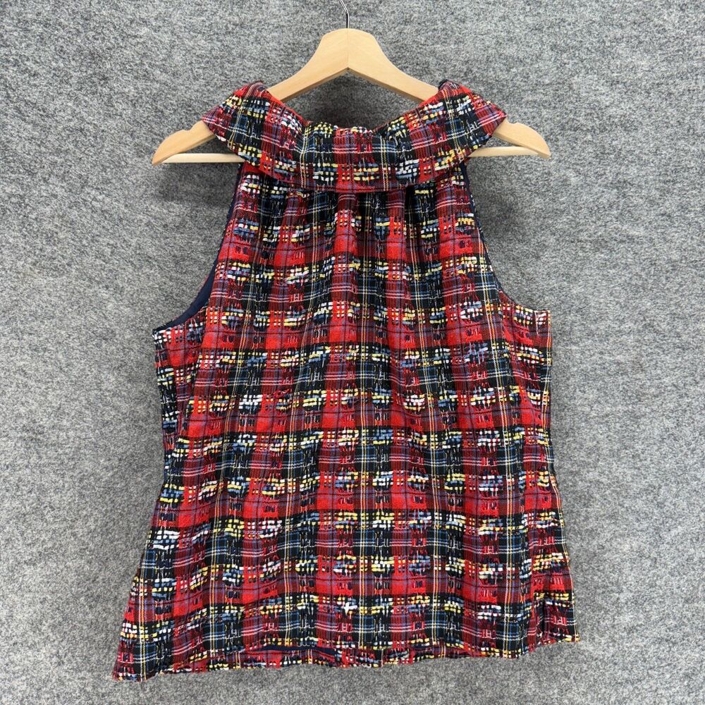 STS Blouse Women L Large Red Plaid Sleeveless Button Round Neck Lined Casual